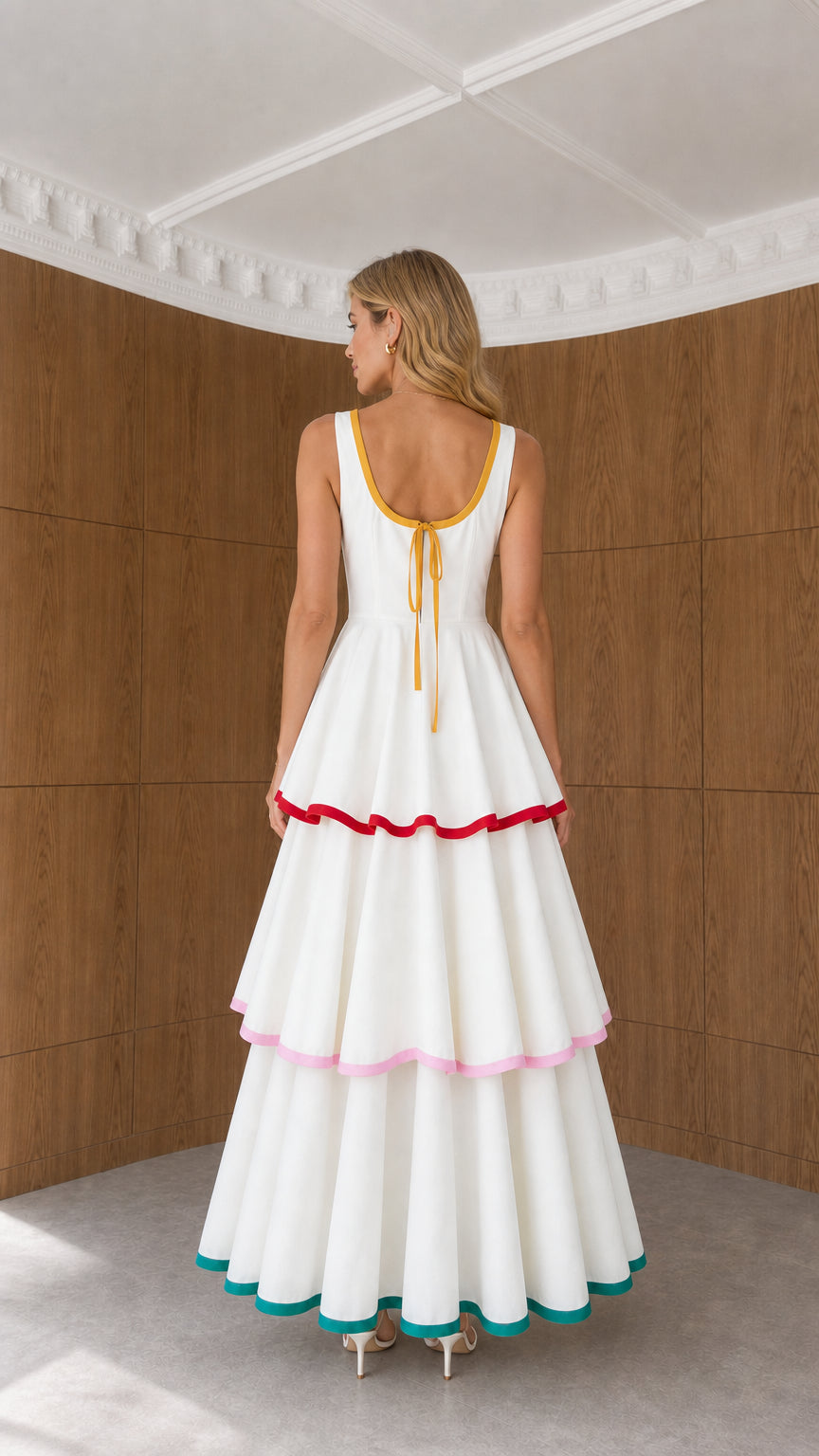 Back view of model showing back-tie detail on white tiered maxi dress