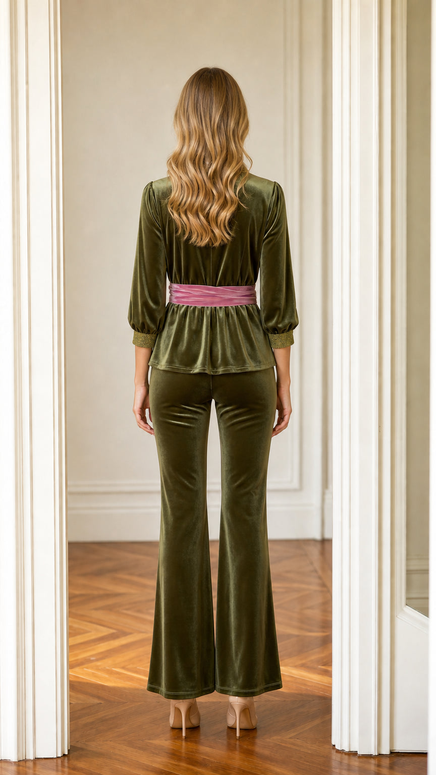 Back view of model wearing olive green velvet peplum top and matching flare pants