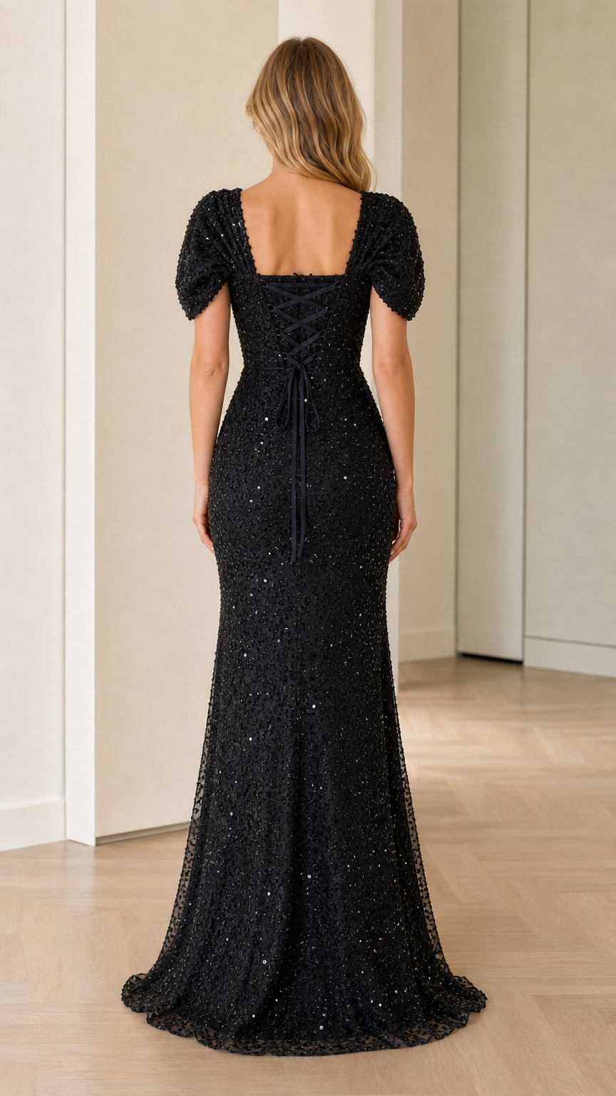 Back view of black sequin formal gown featuring lace-up corset back detail