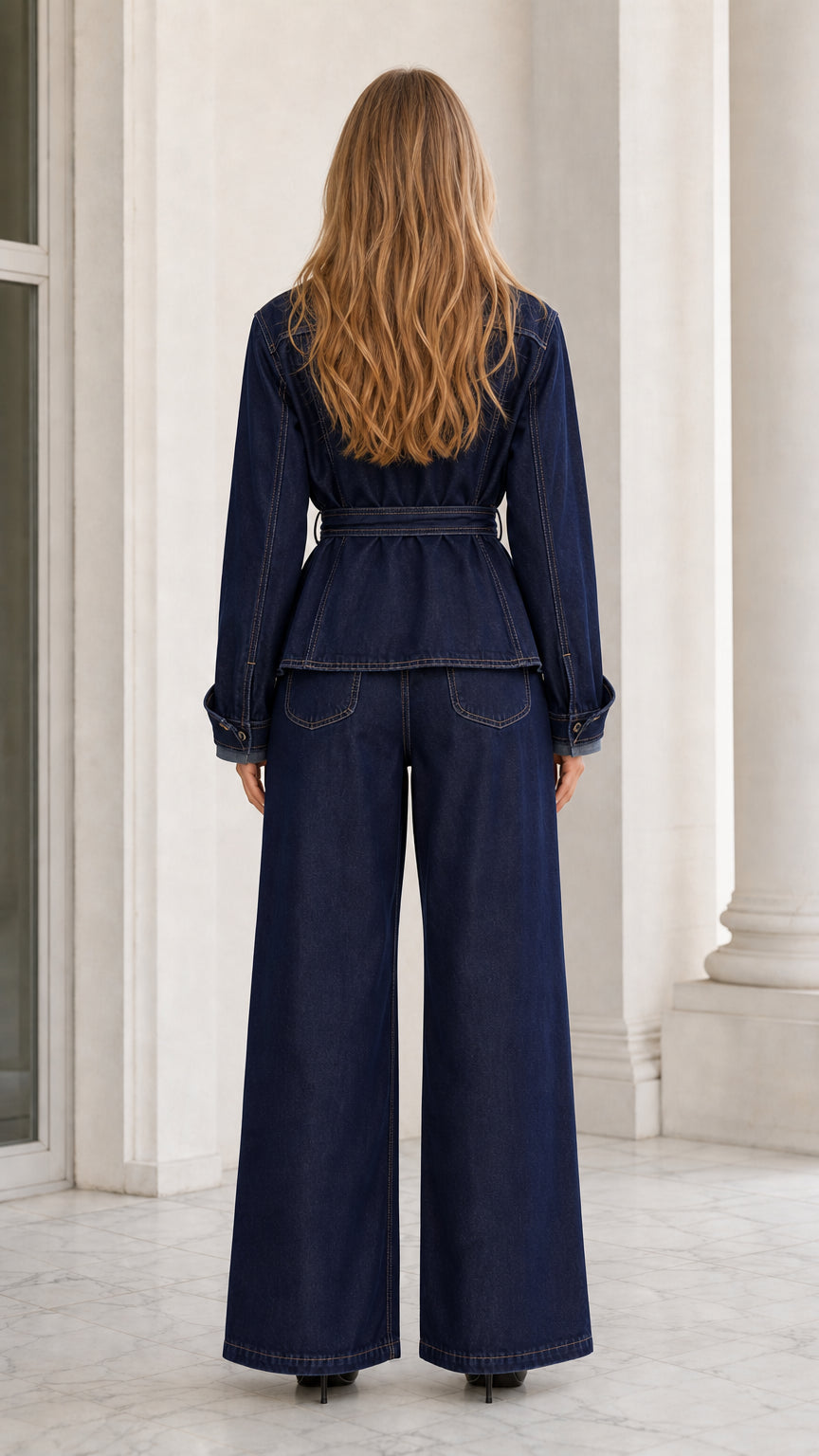 Back view of model wearing dark blue belted denim jacket and wide-leg pants