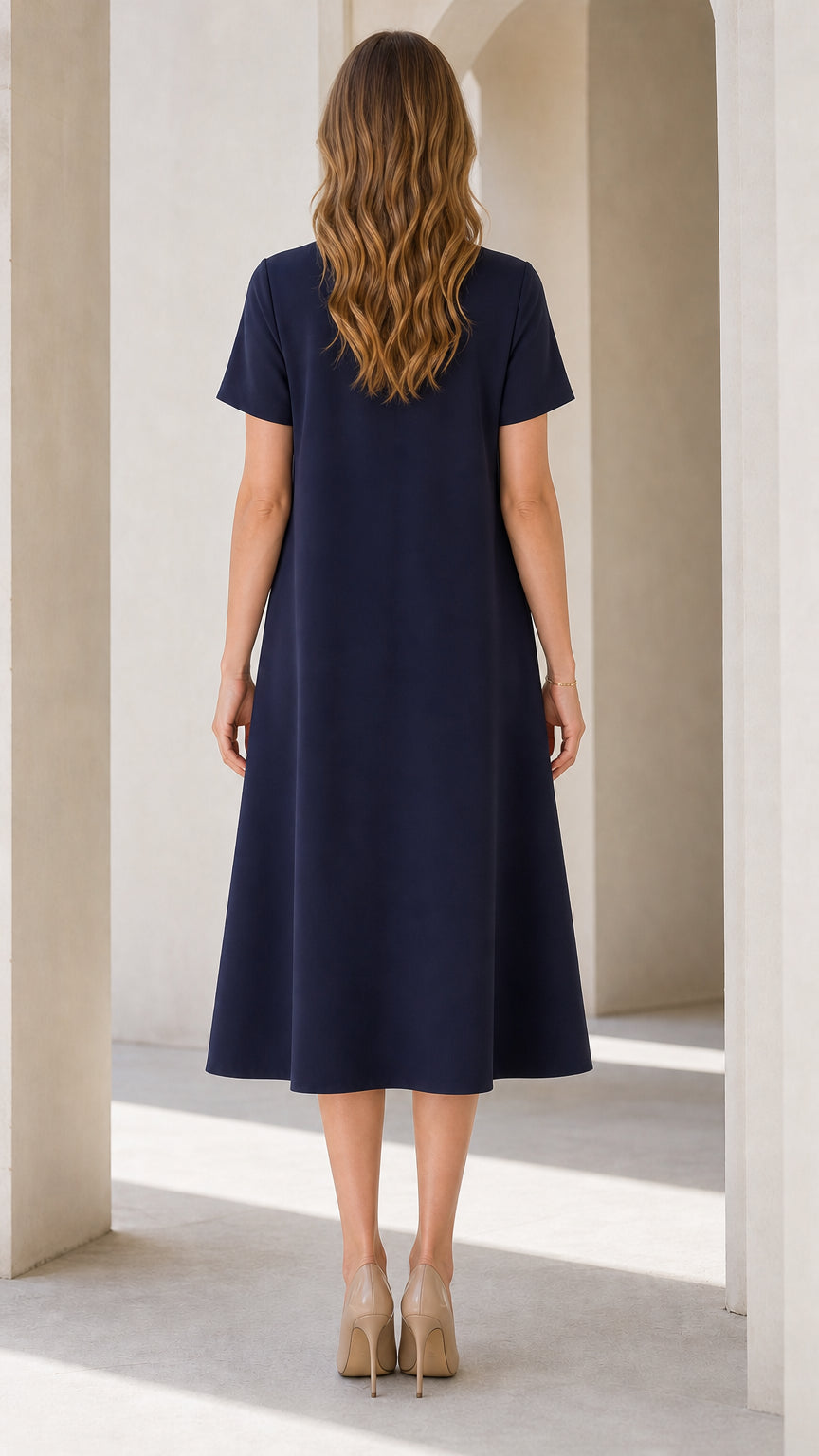Back view of Navy Blue short sleeve A-line midi dress