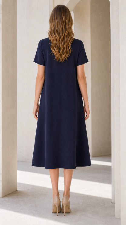 Back view of Navy Blue short sleeve A-line midi dress