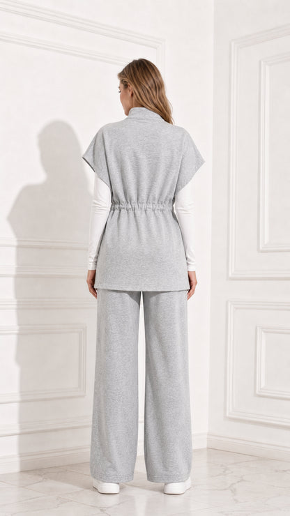 Back view of women's heather grey 2-piece casual lounge set highlighting cinched waist