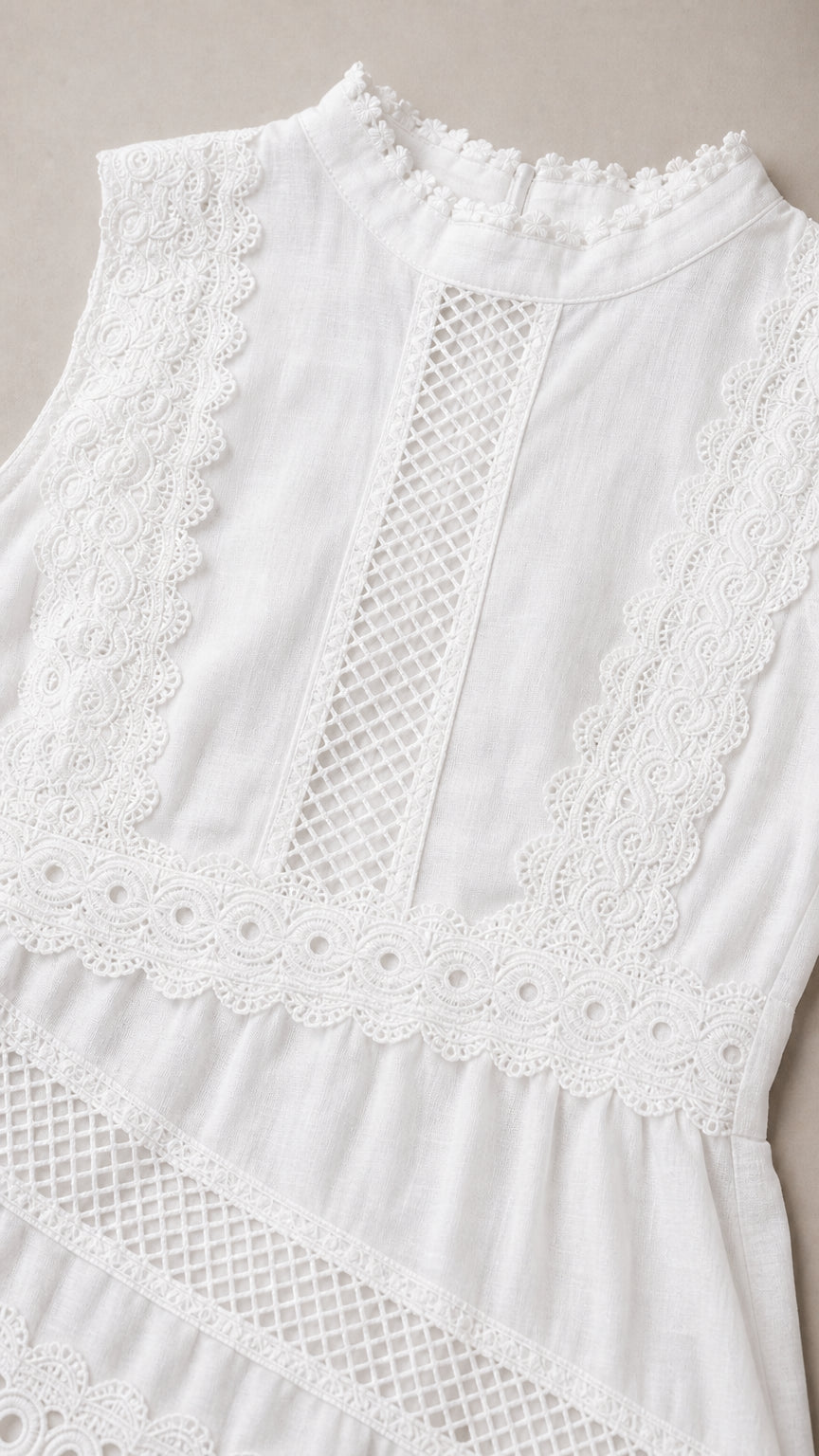 Close-up detail of white high mock neckline with scalloped edge and geometric crochet lace inserts