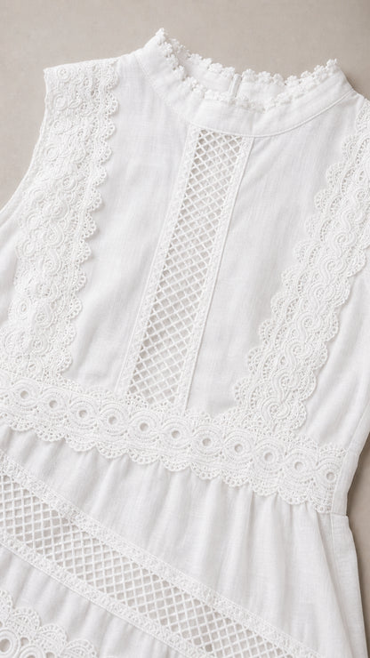 Close-up detail of white high mock neckline with scalloped edge and geometric crochet lace inserts