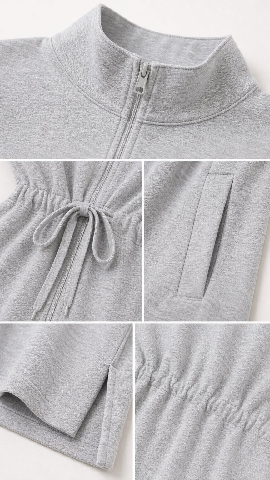 Close-up details of mock neck zipper, drawstring waist, pocket, and pants hem