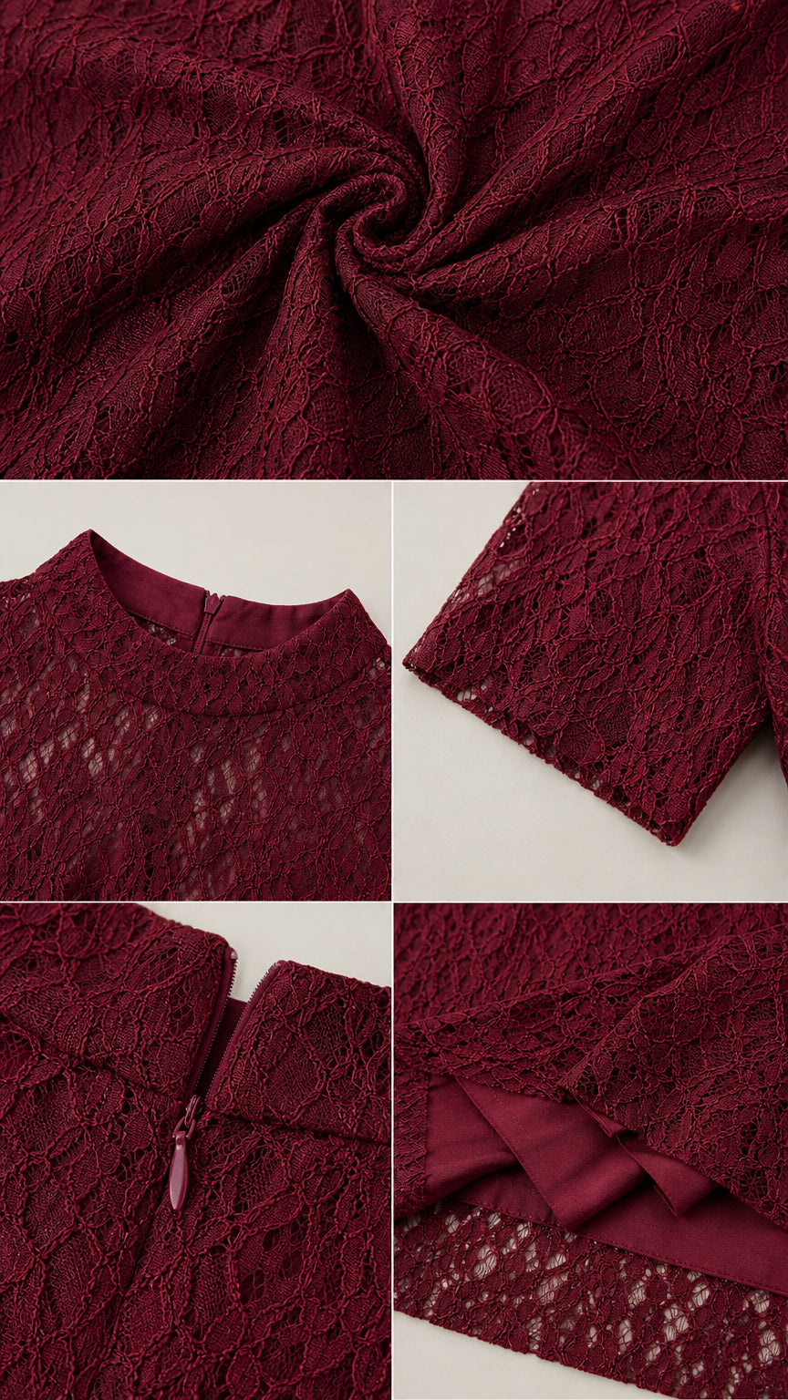 Detailed close-up views of the Burgundy lace fabric, neckline, zipper, and hem lining