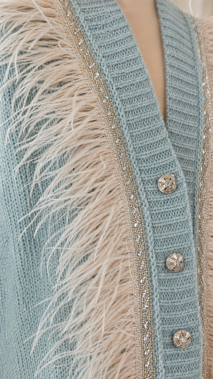 Close-up detail of rhinestone piping, feather trim, and jewel button on dusty blue knit cardigan