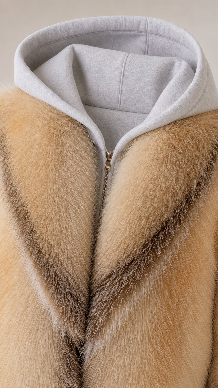 Close-up detail of zipper neckline and grey jersey lined hood on camel fur coat