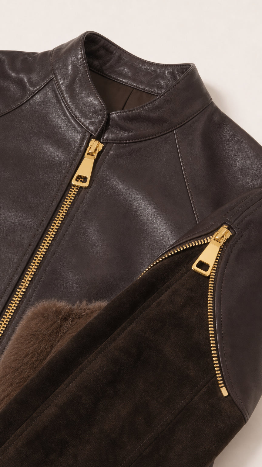Close-up detail of collar, gold-tone zipper, and plush pocket trim on the jacket
