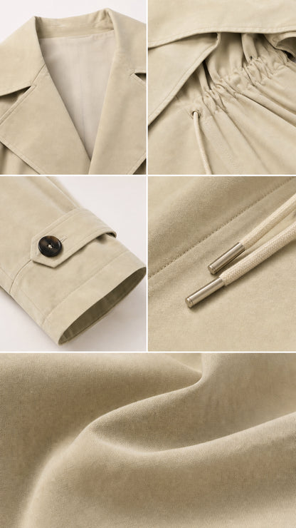 Close-up collage of lapel collar, gathered cinch waist detail, buttoned sleeve cuff, drawstring aglet, and fabric texture