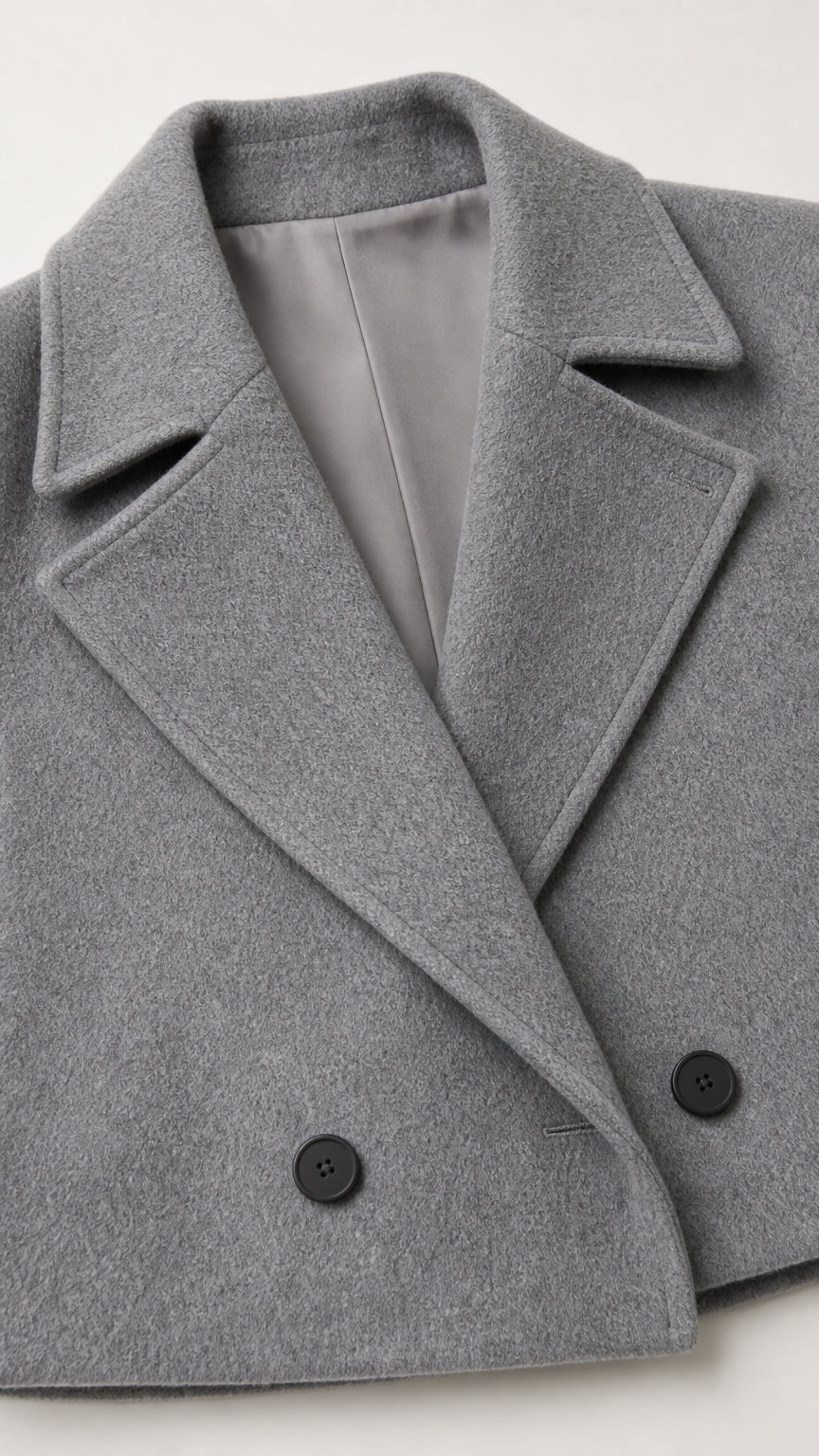 Close-up detail of grey jacket showing notched lapel collar, buttons, and smooth lining