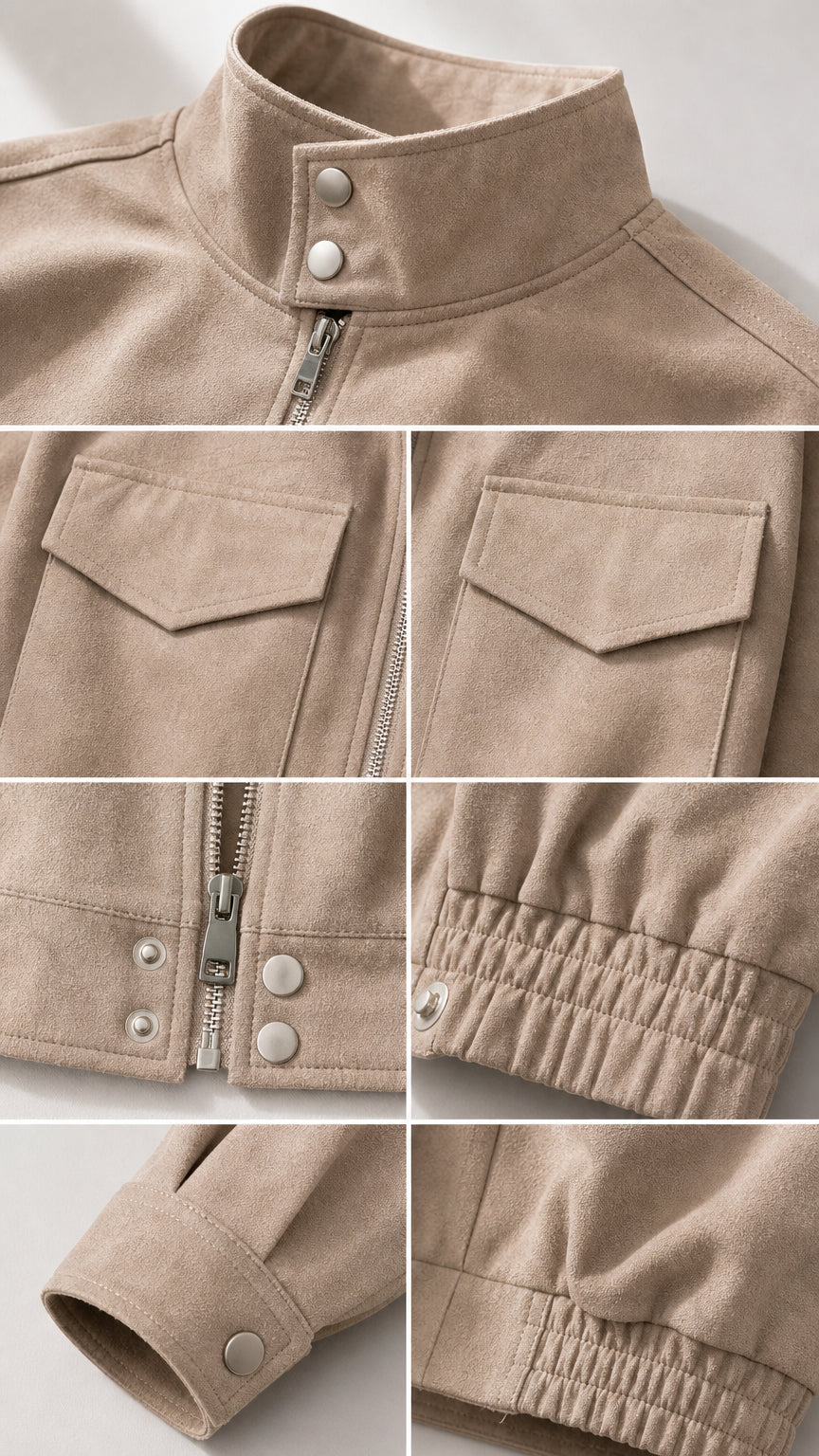 Close-up details of stand collar, chest flap pockets, zipper, snap cuffs, and fabric texture