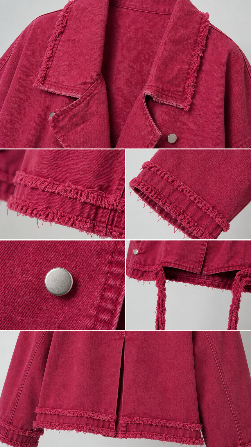 Close-up details of magenta jacket showing snap button, frayed trim, lapel, and hem ties