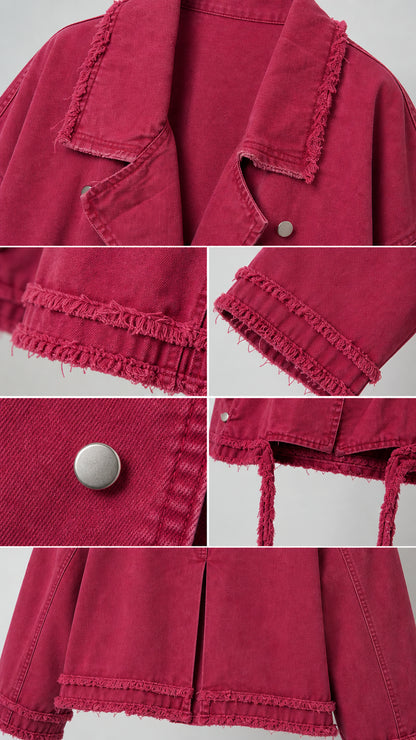 Close-up details of magenta jacket showing snap button, frayed trim, lapel, and hem ties