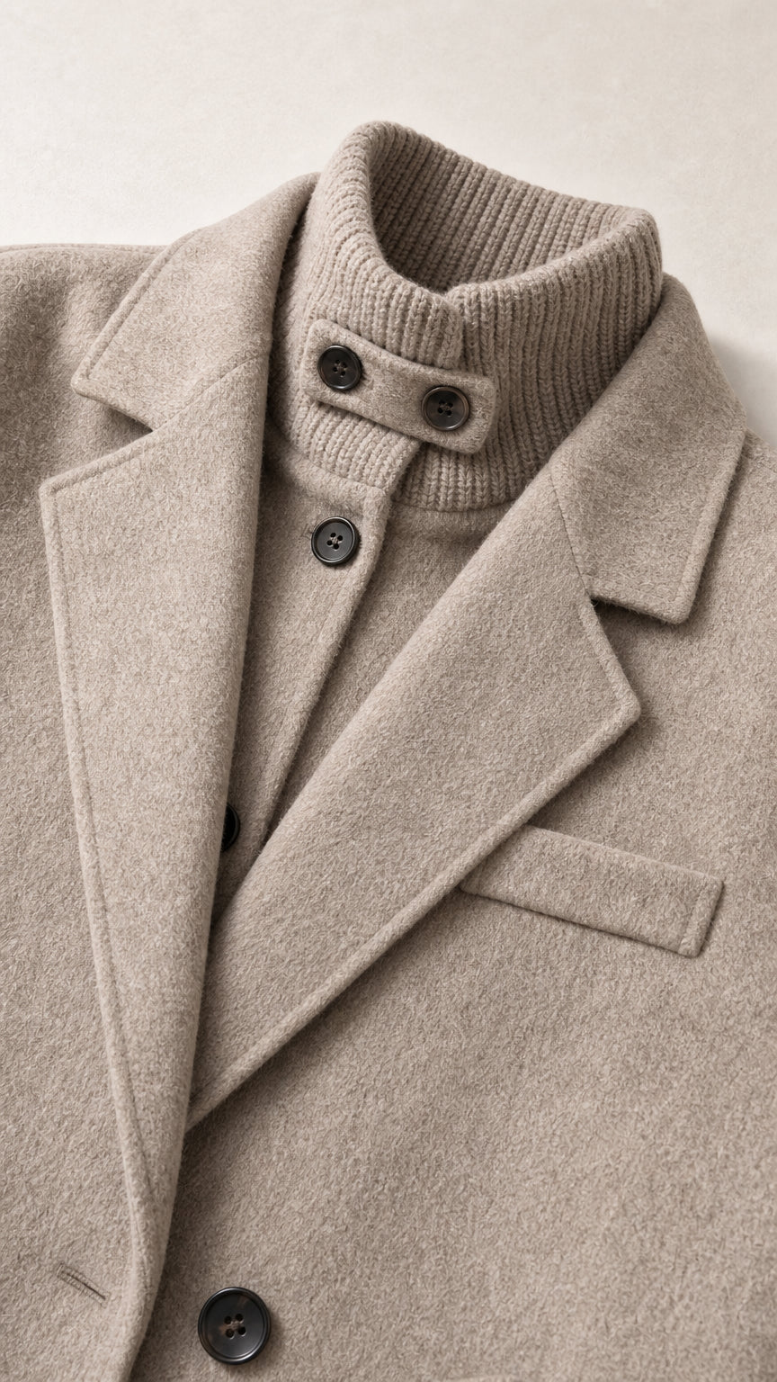 Close-up detail of the ribbed knit high neck collar with throat latch and notch lapel of the peacoat