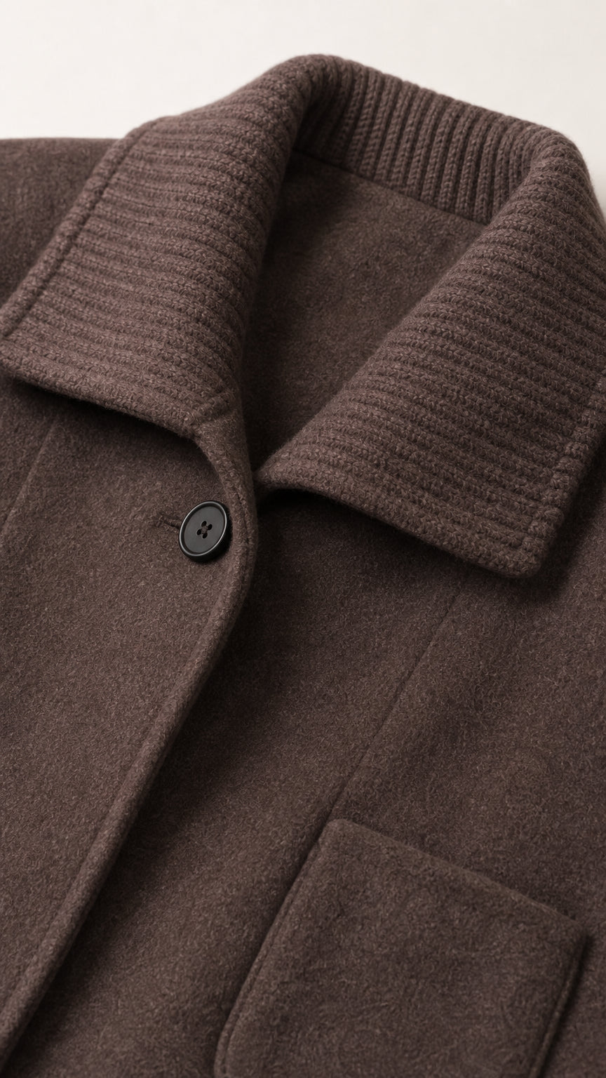 Close-up detail of dark brown coat lapel and ribbed knit layered collar