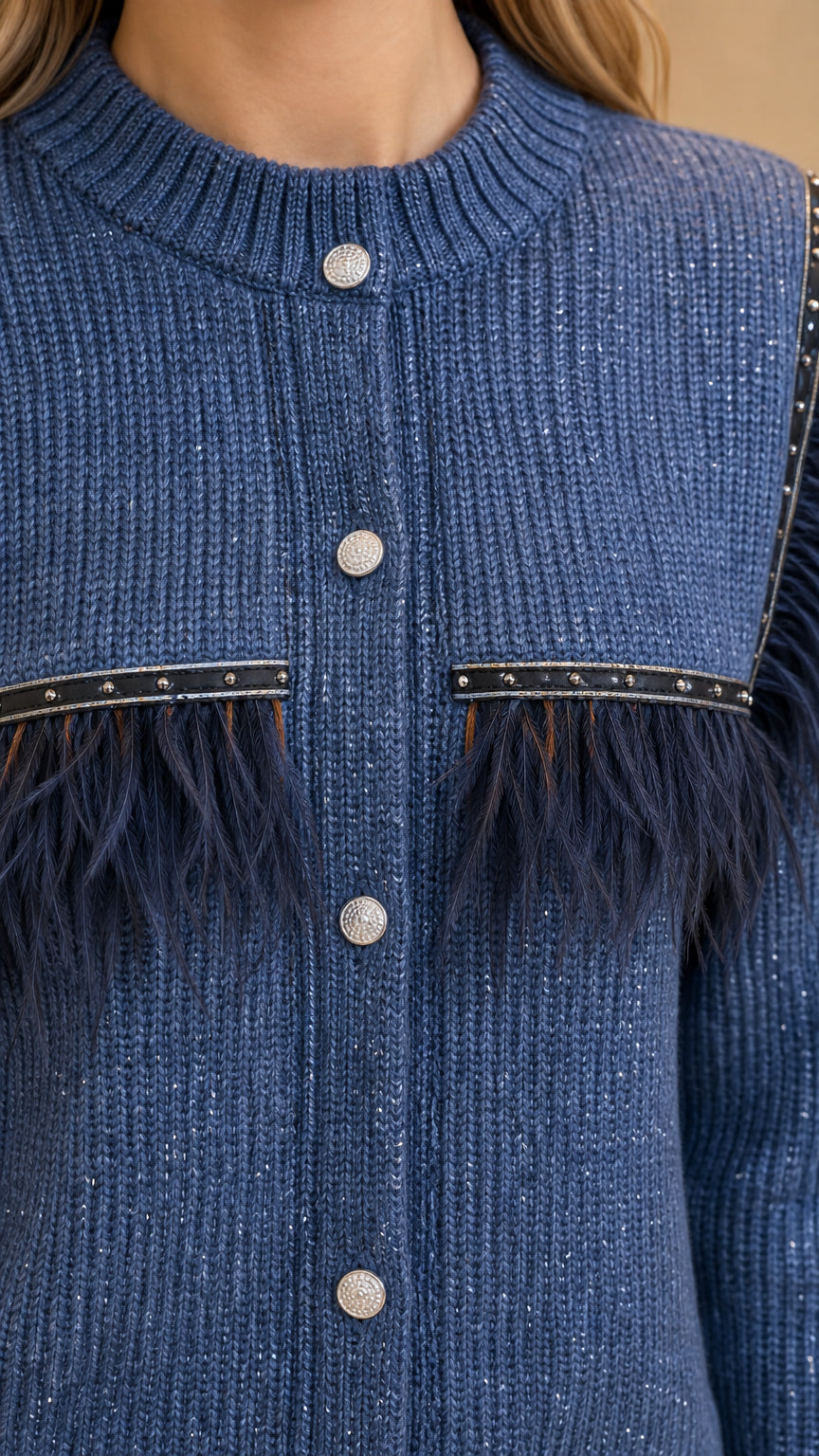Close-up detail of Slate Blue ribbed knit cardigan showing ornate buttons and feather trim yoke