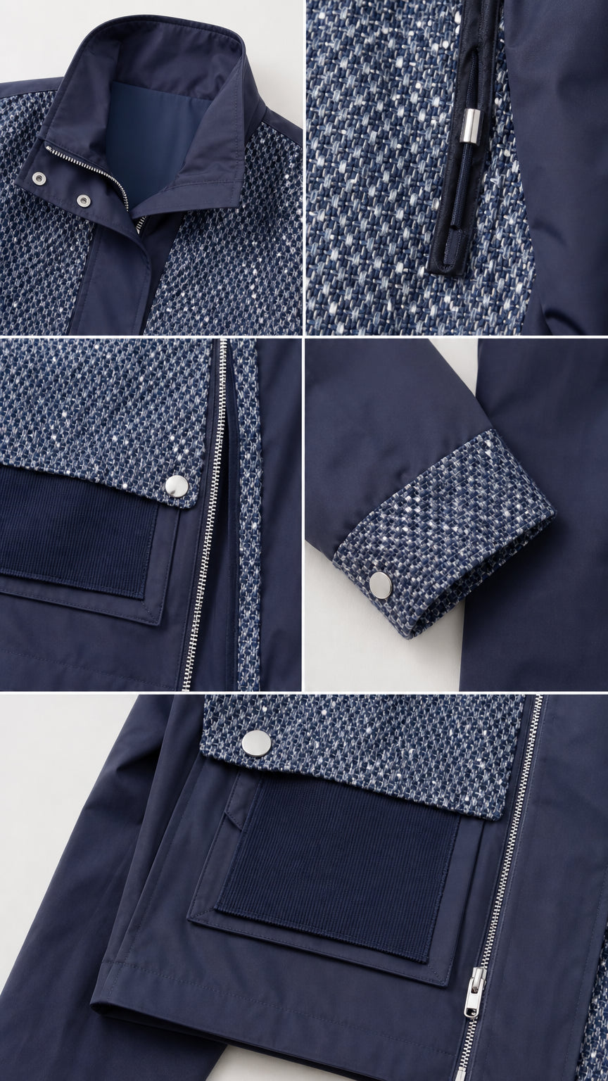 Close-up details of navy blue jacket collar, zip, flap pockets, and tweed contrast fabric
