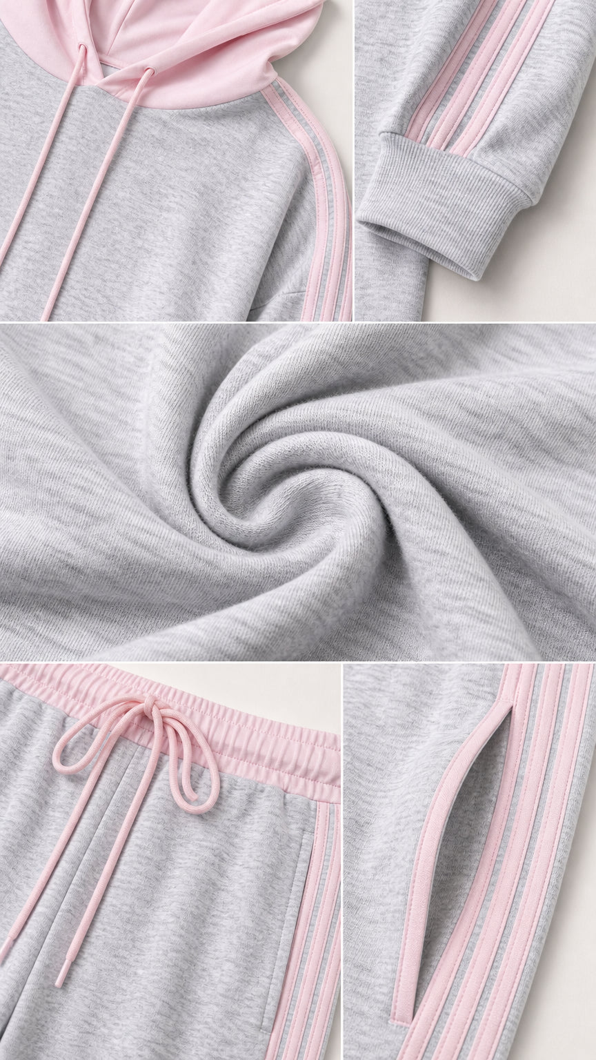 Close-up details of soft knit fabric, contrast hood drawstrings, and pants pocket
