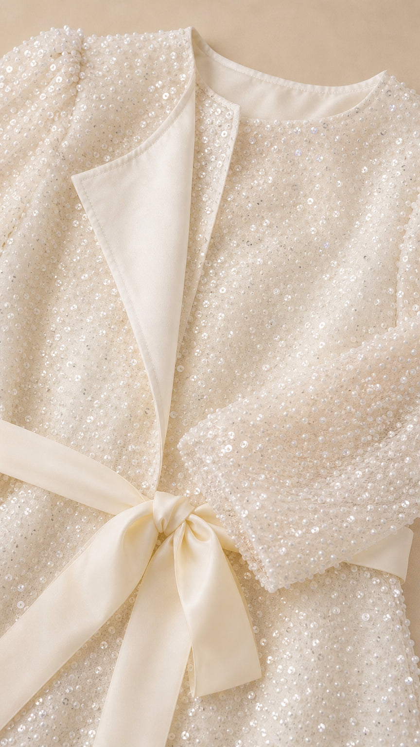 Close-up detail of champagne sequin texture, lapel opening, and satin ribbon belt