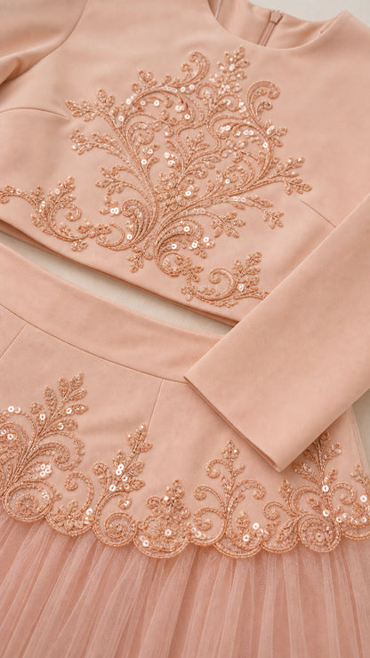 Close-up detail of intricate floral sequin embroidery and tulle fabric on Blush Pink two-piece set