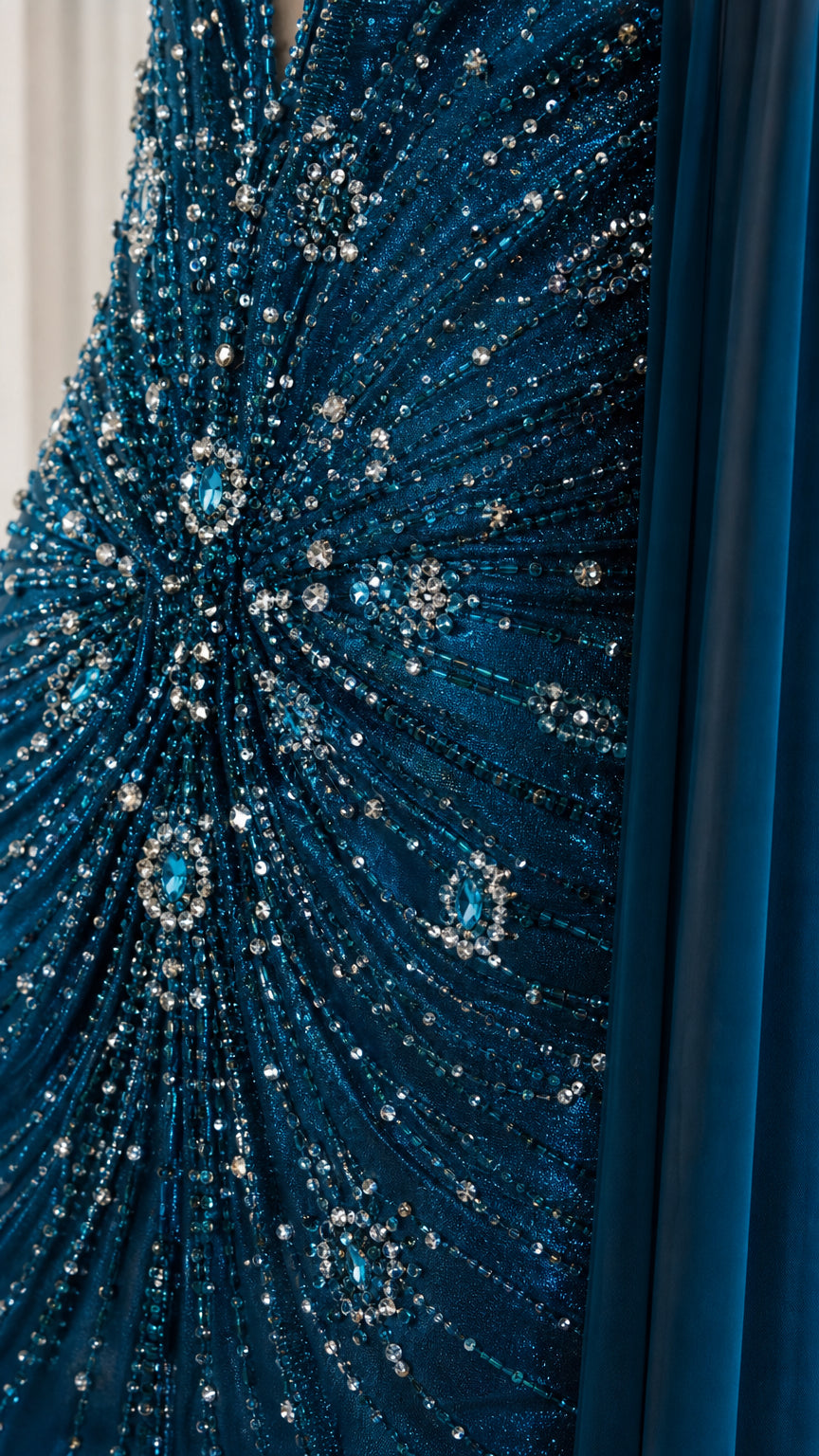 Close-up detail of intricate sunburst beadwork and sequins on teal fabric
