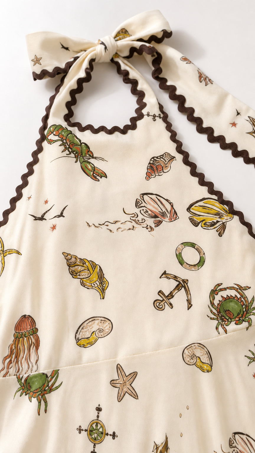 Close-up of cream halter neckline with ric-rac trim and detailed sea life illustrations