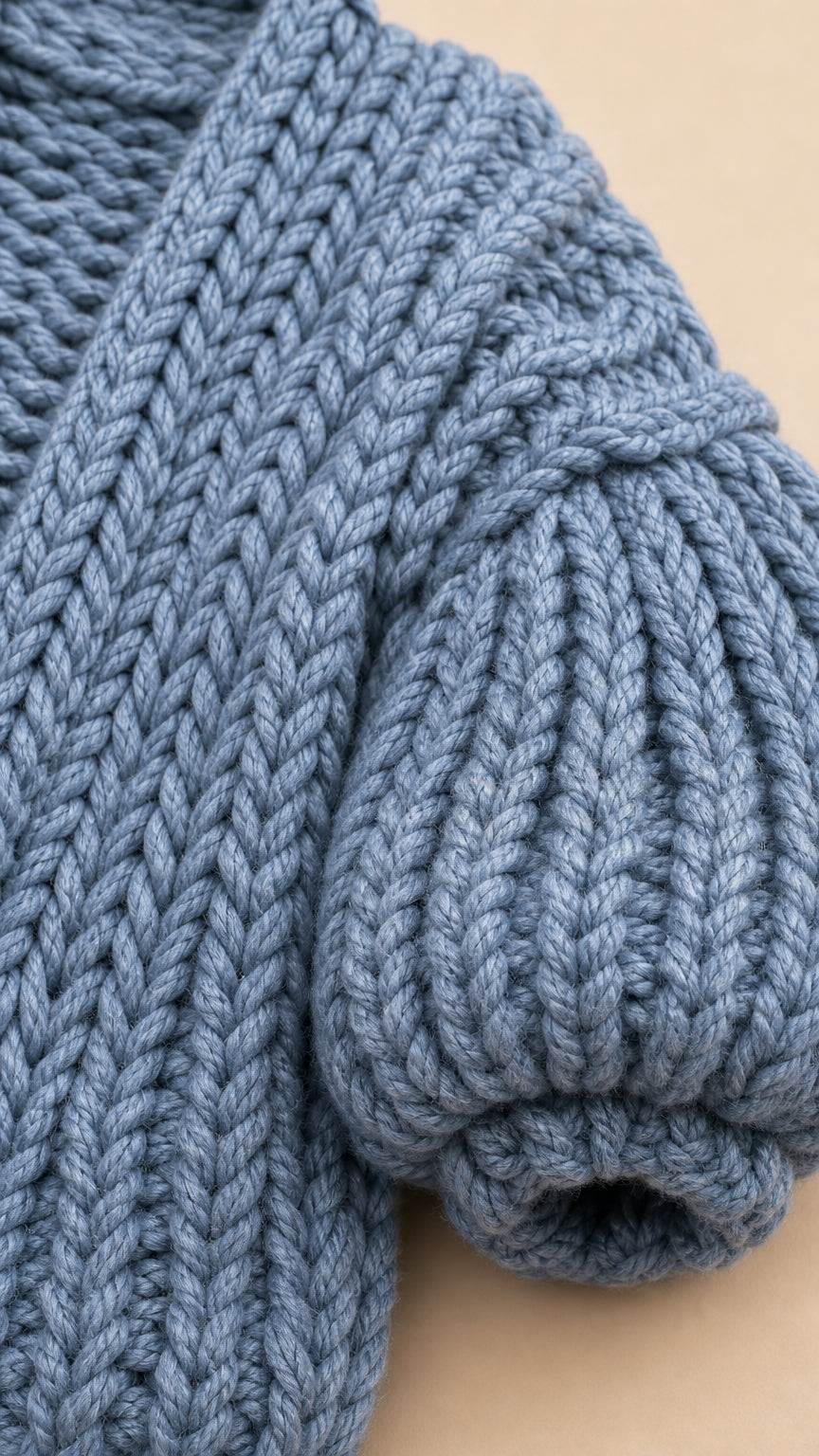 Close-up detail of thick slate blue chunky cable rib knit fabric texture and sleeve seam