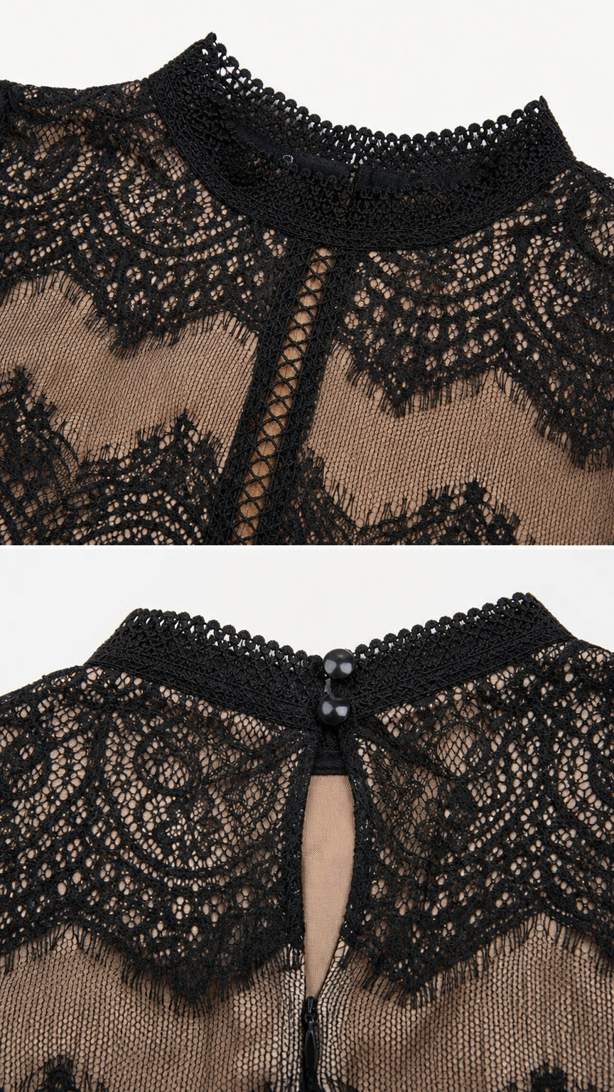 Close-up of mock neckline crochet trim and delicate black eyelash lace
