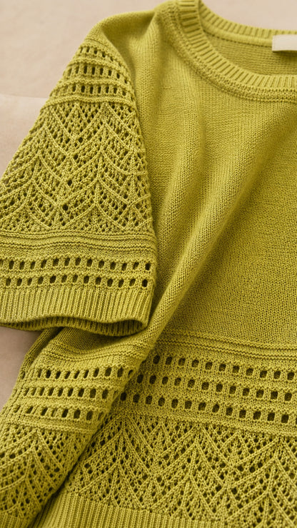 Close-up detail of geometric pointelle knit texture and sleeve trim