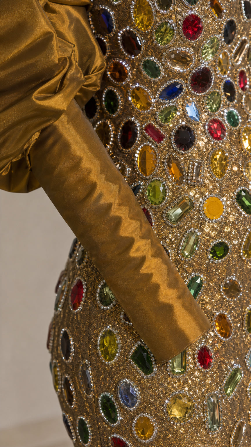 Close-up detail of multi-colored cabochon crystals, sequins, and bronze satin-look sleeve