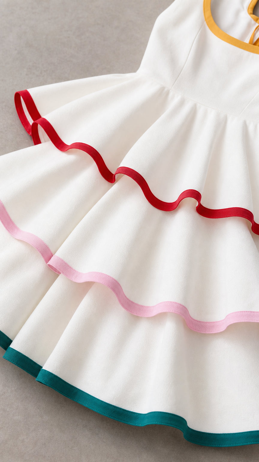 Close-up detail of tiered skirt folds and colorful contrast ribbon edging