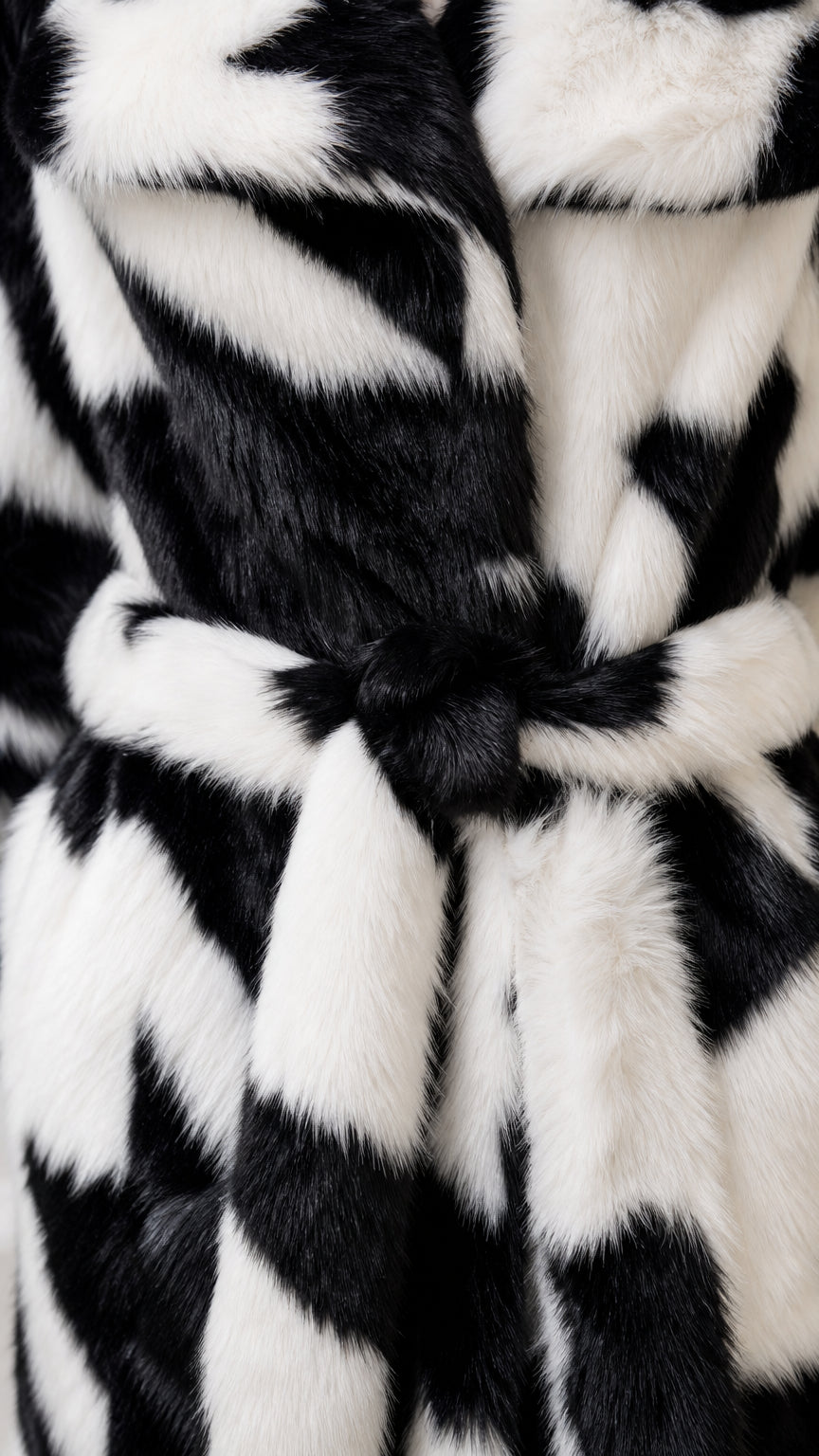 Close-up detail of plush black and white houndstooth faux fur texture and tied belt