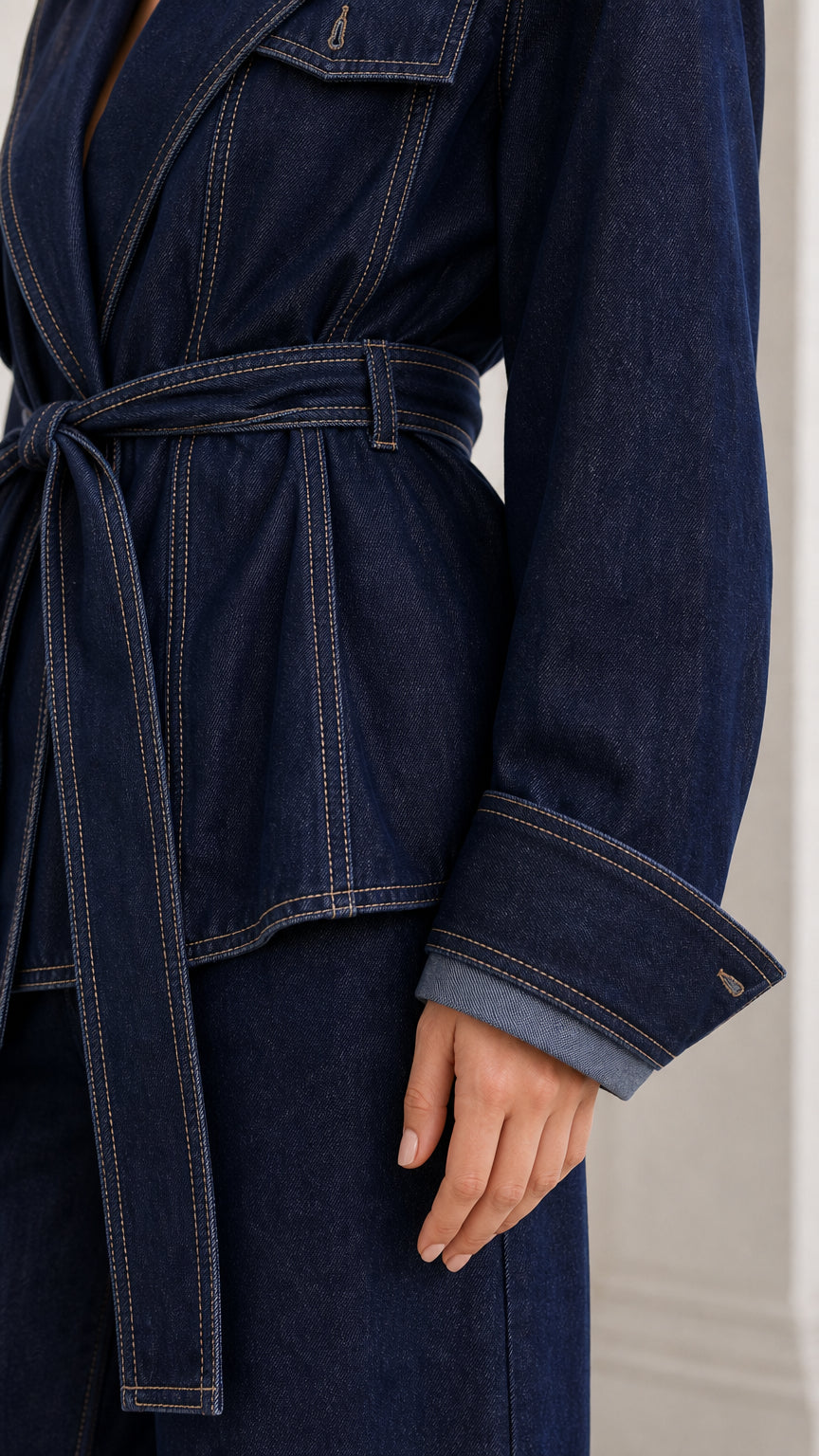Close-up detail of dark blue denim fabric, tie belt, cuff, and contrast stitching