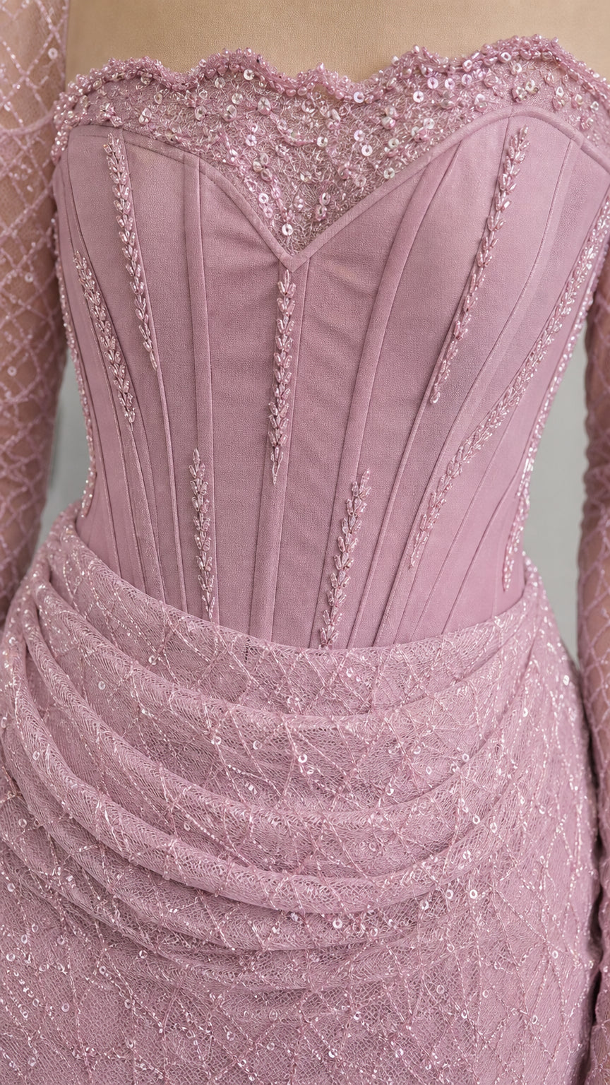 Close-up detail of Dusty Mauve corset bodice with boning, sequined mesh, and ruched waistline