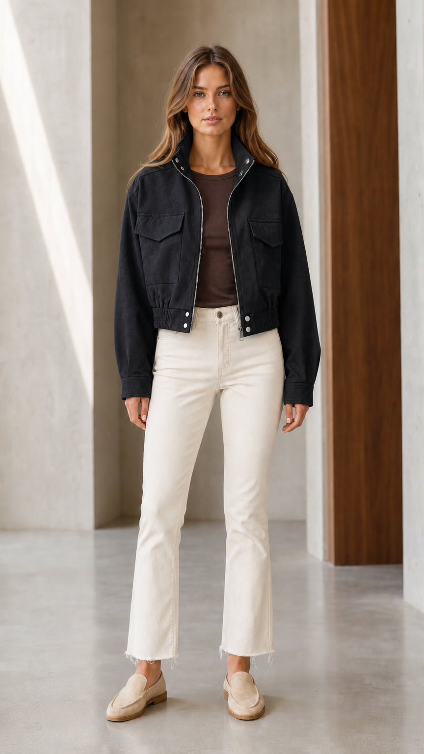 Front full-length view of model wearing Black cropped utility jacket