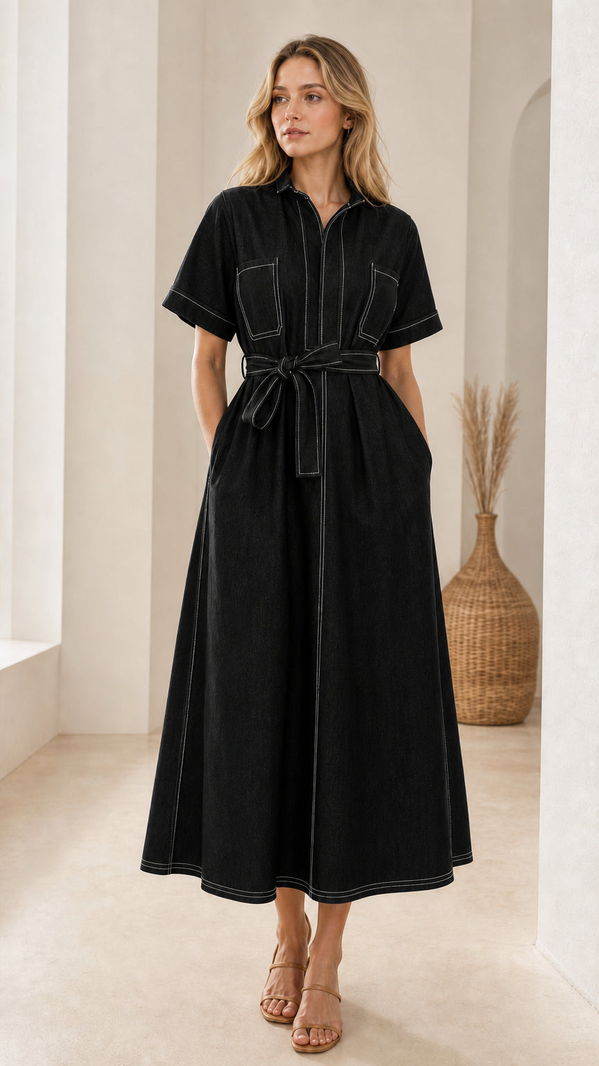 Front view of woman wearing black short sleeve contrast stitch belted midi shirt dress