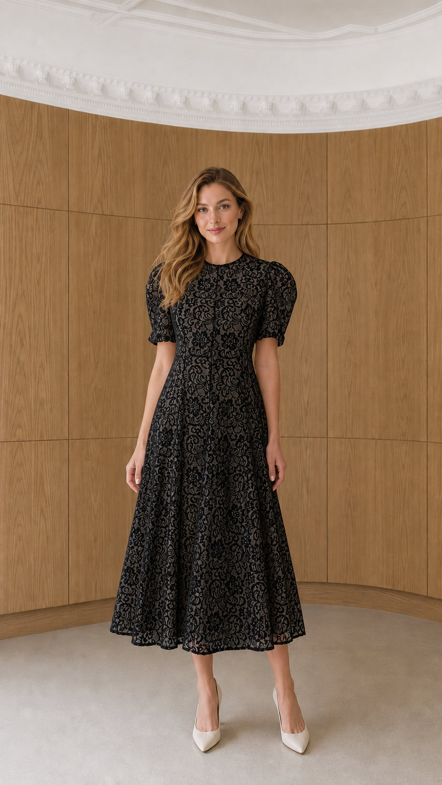 Full-length view of model wearing black floral lace puff sleeve midi dress