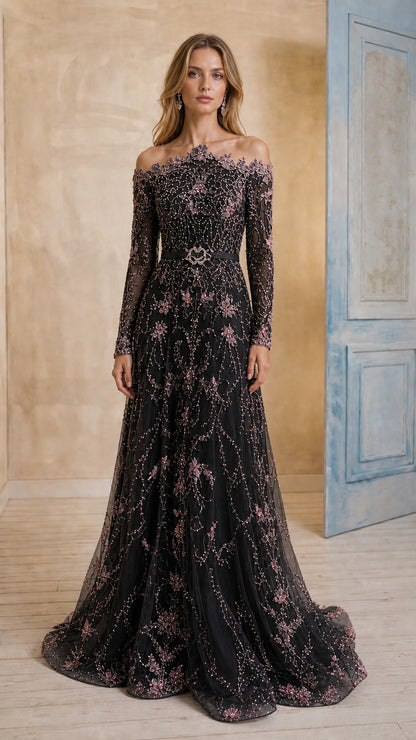 Black long sleeve off-shoulder sequin embellished formal evening gown