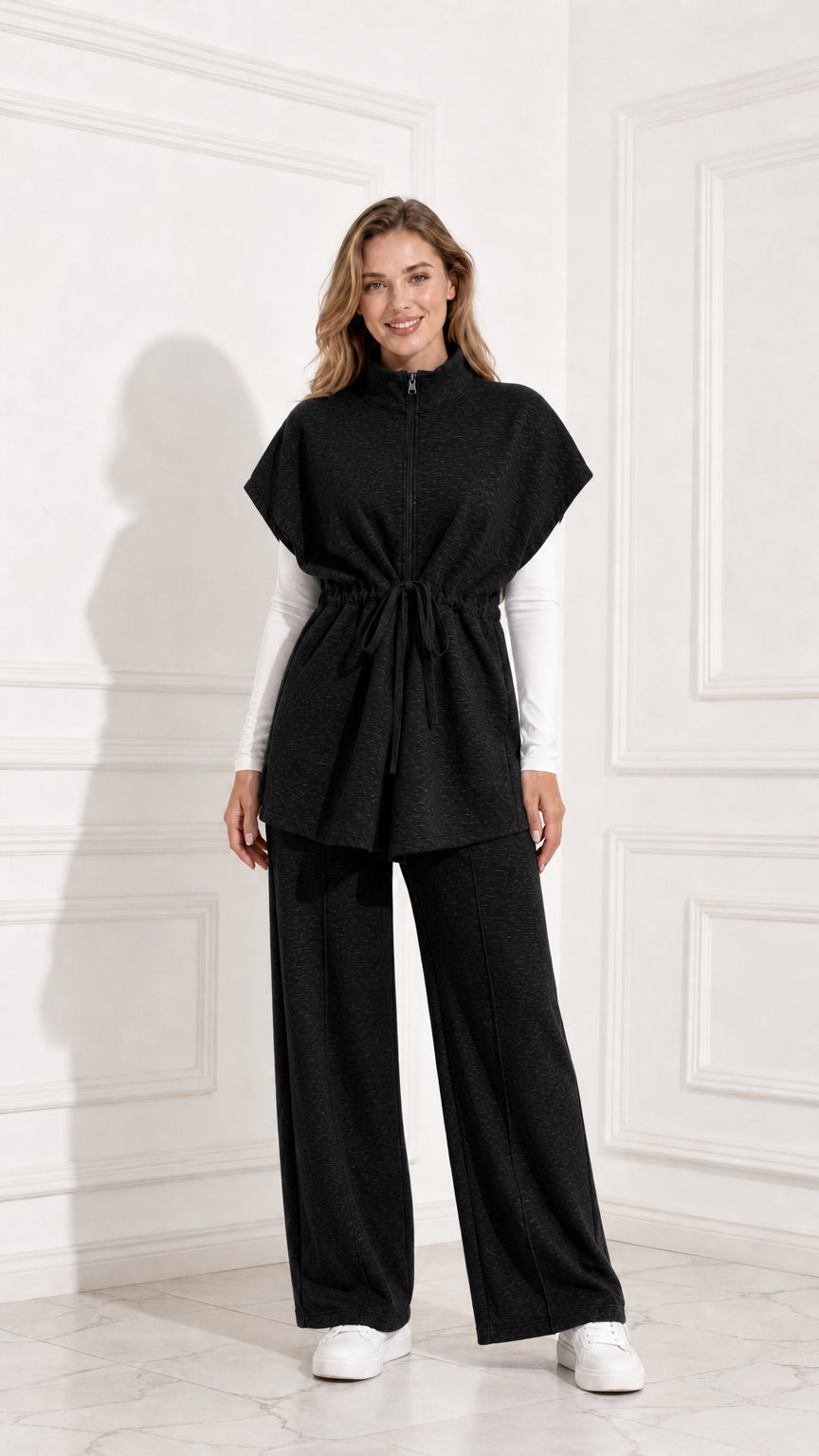 Front full view of women's black 2-piece tunic vest and wide-leg pants set