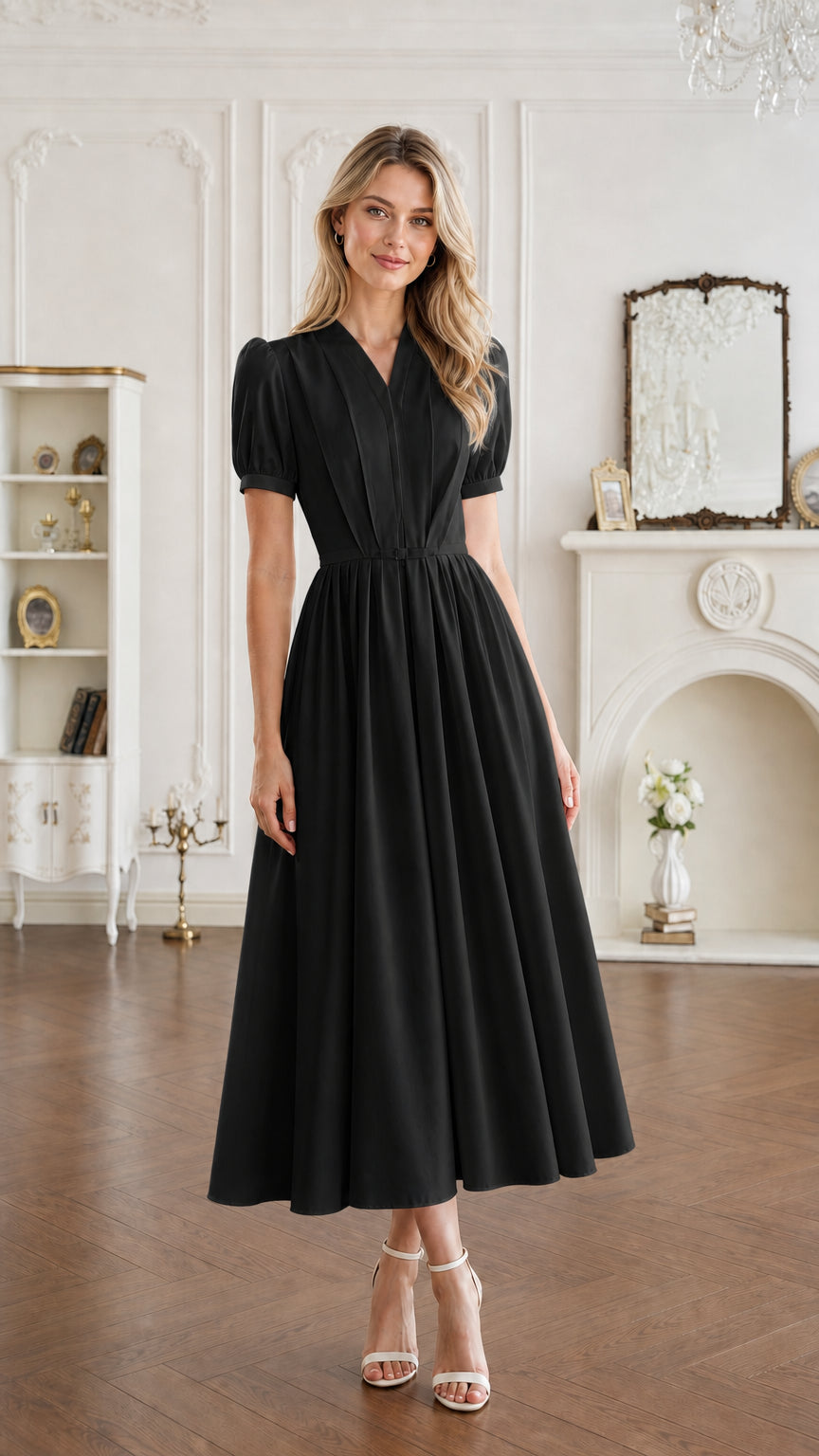 Front view of black short sleeve pleated V-neck midi dress
