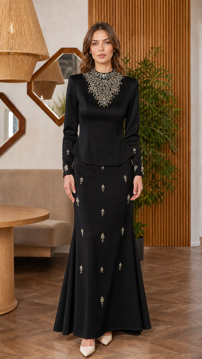 Black long sleeve pearl embellished two-piece evening dress set
