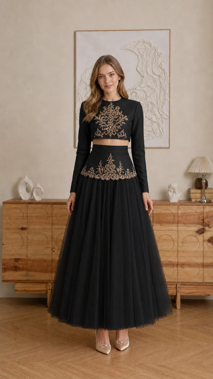 Model wearing Black embroidered long-sleeve crop top and tulle maxi skirt set - front view