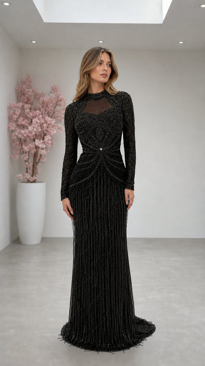 Black long sleeve beaded formal evening gown