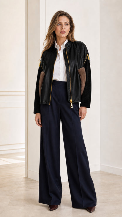 Full outfit view of woman wearing the Black faux leather bomber jacket