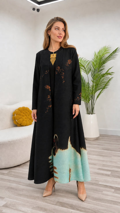 Black modest maxi abaya coat with floral detailing and aqua contrast hem