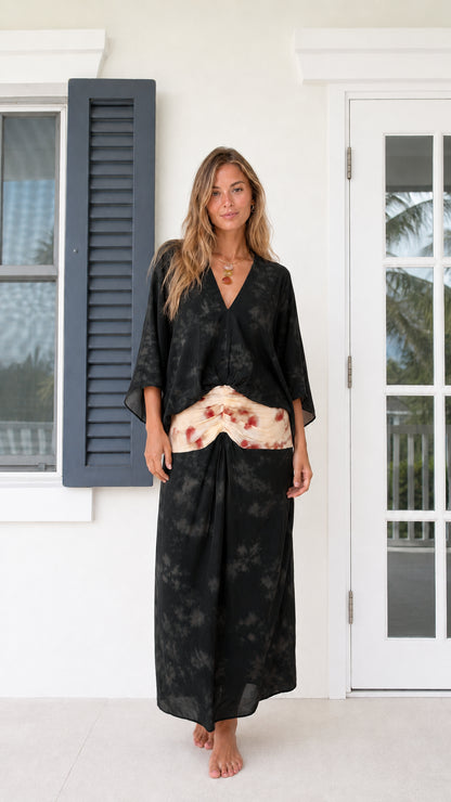Front full-length view of model wearing Black boho kimono sleeve maxi dress