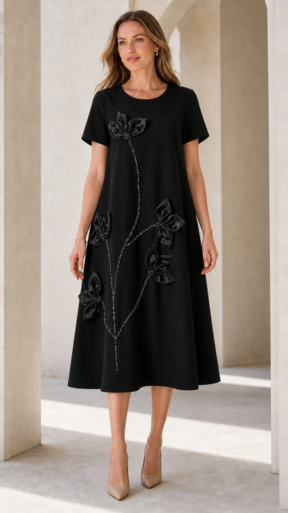 Black 3D floral applique short sleeve A-line midi dress