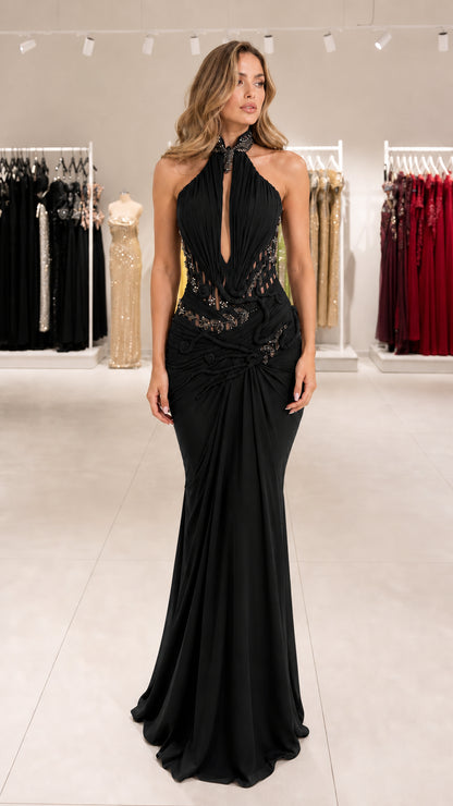 Black halter neck beaded ruched mermaid evening gown